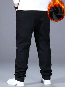 Manfinity Men Plus Cotton Slant Pocket Thermal Lined Jeans - Black - View 2