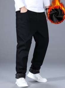 Manfinity Men Plus Cotton Slant Pocket Thermal Lined Jeans - Black - View 4