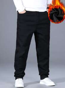 Manfinity Men Plus Cotton Slant Pocket Thermal Lined Jeans - Black - View 5