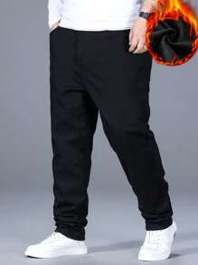 Manfinity Men Plus Cotton Slant Pocket Thermal Lined Jeans - Black - View 6