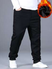 Manfinity Men Plus Cotton Slant Pocket Thermal Lined Jeans - Black - View 7