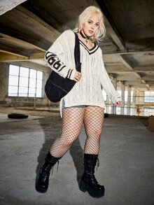 大碼字母圖案麻花編織落肩袖板球毛衣 - 白色 - 查看 6