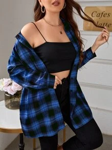 SHEIN Áo sơ mi Plus Size Nút phía trước Sọc ca rô Giải trí - Màu xanh lam - Xem 1