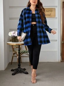 SHEIN Áo sơ mi Plus Size Nút phía trước Sọc ca rô Giải trí - Màu xanh lam - Xem 4