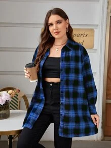 SHEIN Áo sơ mi Plus Size Nút phía trước Sọc ca rô Giải trí - Màu xanh lam - Xem 5