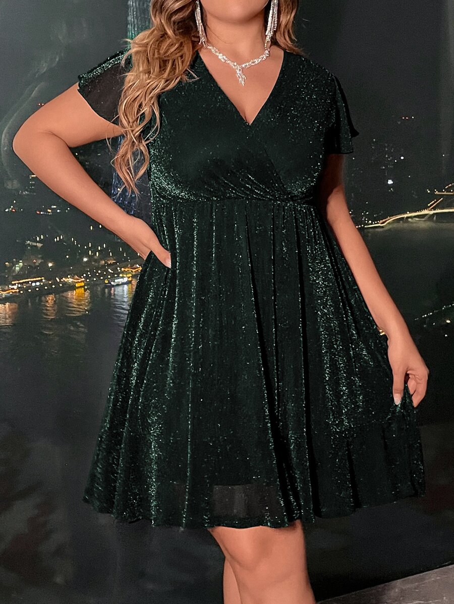 Celure Plus Surplice Neck Butterfly Sleeve Glitter Dress - Dark Green - View 1