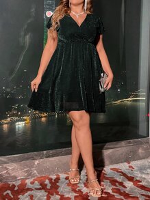 Celure Plus Surplice Neck Butterfly Sleeve Glitter Dress - Dark Green - View 5