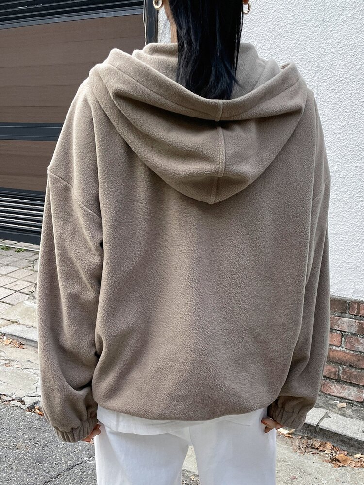 Mountain & Letter Embroidery Half Zip Drop Shoulder Fleece Hoodie,Long Sleeve Tops,Fall Women Clothes Sweatshirt