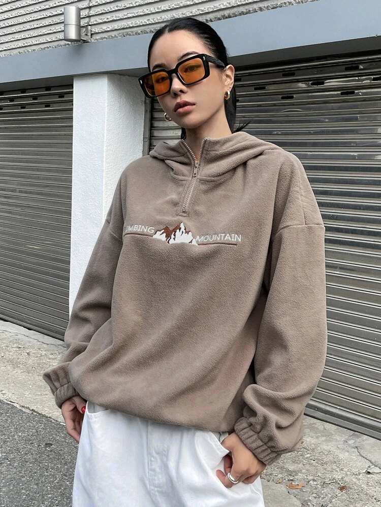 Mountain & Letter Embroidery Half Zip Drop Shoulder Fleece Hoodie,Long Sleeve Tops,Fall Women Clothes Sweatshirt