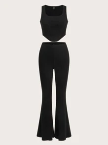 SHEIN Hanky Hem Tank Top & Flare Leg Trousers Set - Black - View 1