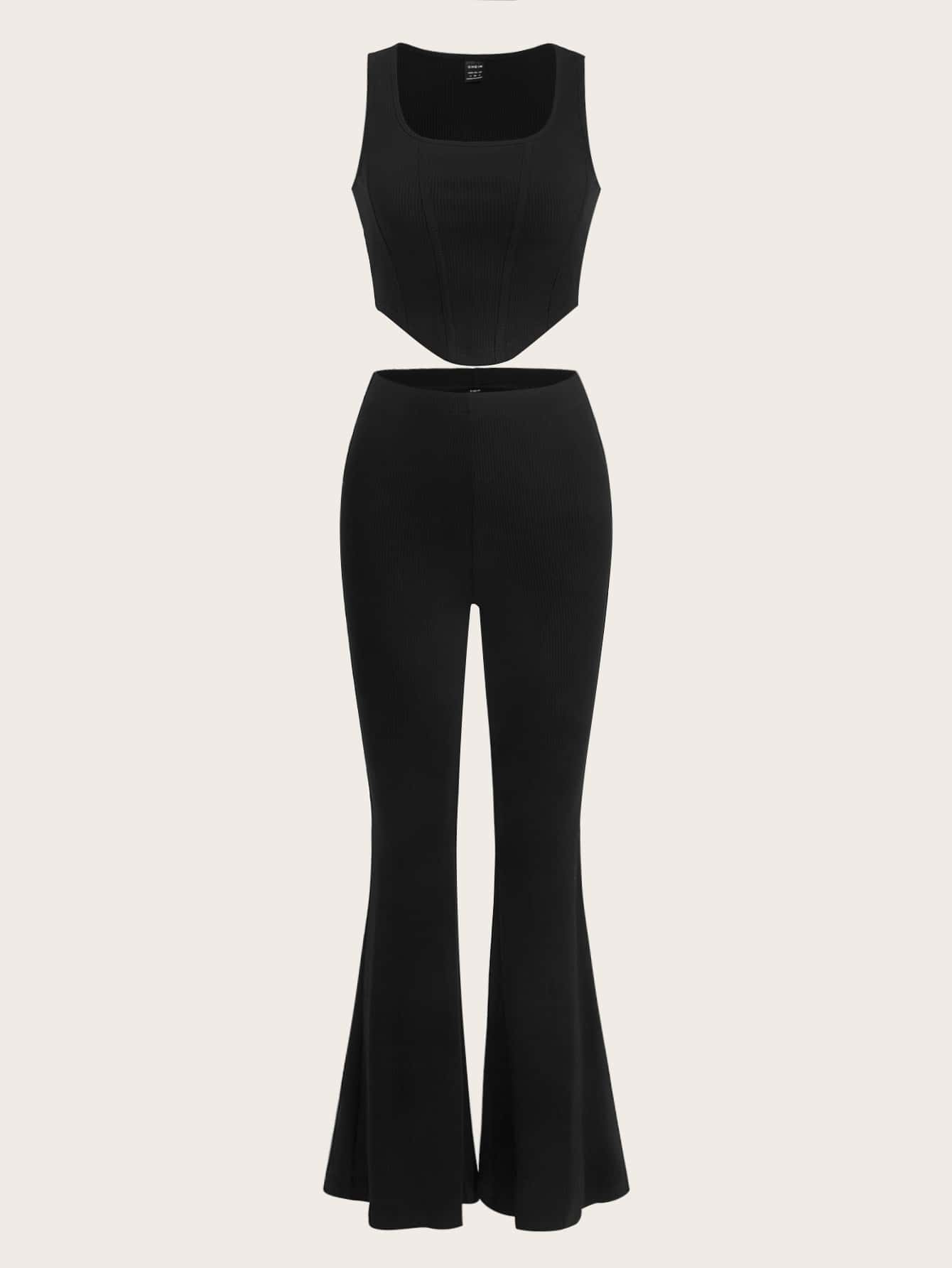 SHEIN Hanky Hem Tank Top & Flare Leg Trousers Set - Black - View 1