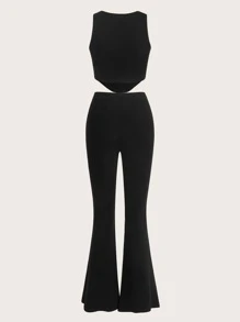 SHEIN Hanky Hem Tank Top & Flare Leg Trousers Set - Black - View 2