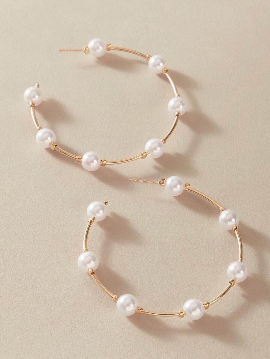 SHEIN Belle Faux Pearl Decor Cuff Hoop Earrings - White - View 1