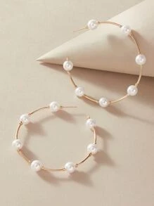 SHEIN Belle Faux Pearl Decor Cuff Hoop Earrings - White - View 2