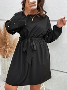 Franclia Đầm Plus Size Thắt lưng Nút Ngọc trai màu trơn Thanh lịch - màu đen - Xem 2