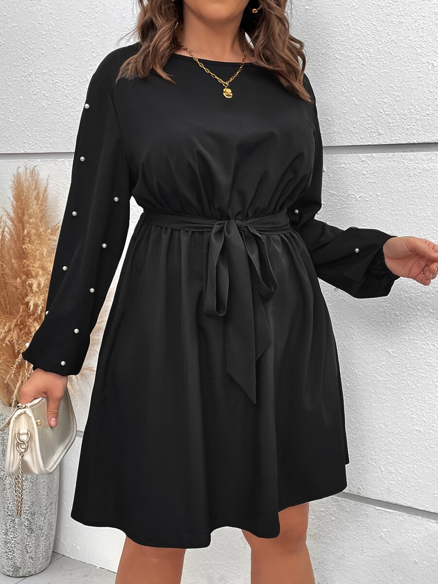 Franclia Đầm Plus Size Thắt lưng Nút Ngọc trai màu trơn Thanh lịch - màu đen - Xem 1