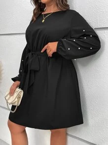 Franclia Đầm Plus Size Thắt lưng Nút Ngọc trai màu trơn Thanh lịch - màu đen - Xem 4