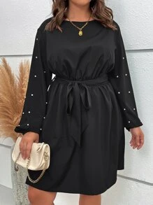 Franclia Đầm Plus Size Thắt lưng Nút Ngọc trai màu trơn Thanh lịch - màu đen - Xem 5