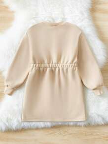 SHEIN Toddler Girls Letter Graphic Drawstring Waist Sweatshirt Dress,In Fall/Winter - Khaki - View 2