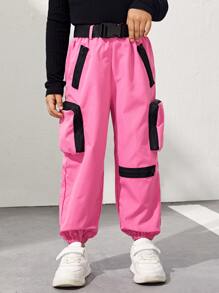 SHEIN 小女童金屬扣環腰帶工裝褲 - 粉色 - 查看 3