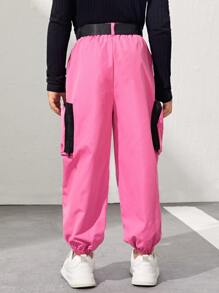 SHEIN 小女童金屬扣環腰帶工裝褲 - 粉色 - 查看 2