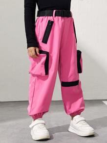 SHEIN 小女童金屬扣環腰帶工裝褲 - 粉色 - 查看 4