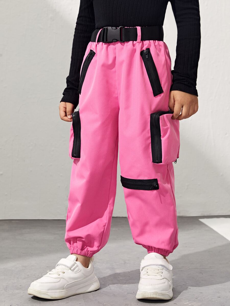 SHEIN 小女童金屬扣環腰帶工裝褲 - 粉色 - 查看 1