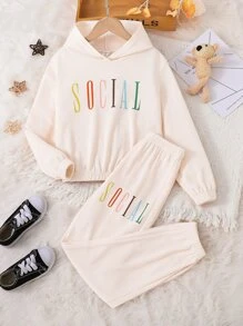 Girls Letter Graphic Hoodie & Joggers - Apricot - View 1