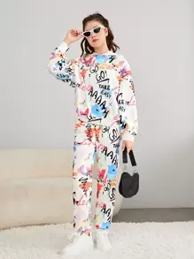 SHEIN Teen Girls Allover Graffiti Print Hoodie & Joggers - Multicolor - View 1