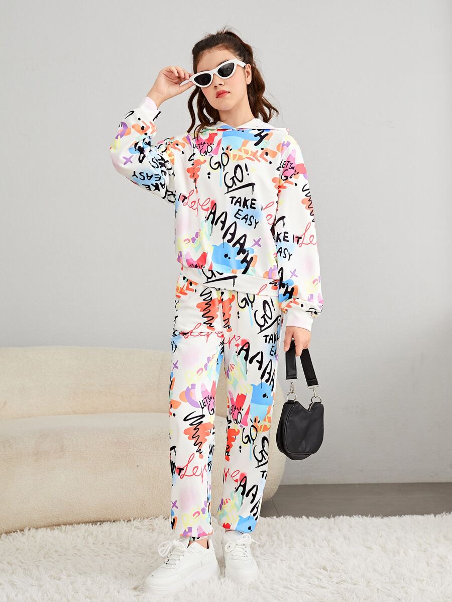 SHEIN Teen Girls Allover Graffiti Print Hoodie & Joggers - Multicolor - View 1