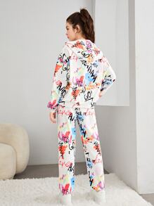 SHEIN Teen Girls Allover Graffiti Print Hoodie & Joggers - Multicolor - View 2