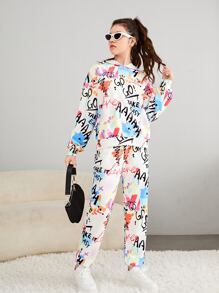 SHEIN Teen Girls Allover Graffiti Print Hoodie & Joggers - Multicolor - View 3