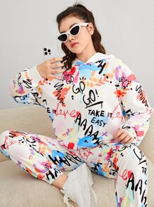 SHEIN Teen Girls Allover Graffiti Print Hoodie & Joggers - Multicolor - View 6