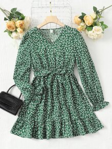 SHEIN Leap Crew 青少年女孩小碎花荷葉邊繫腰帶洋裝