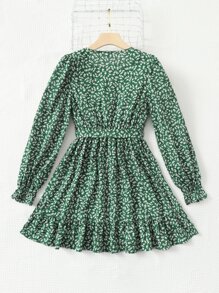 SHEIN Leap Crew 青少年女孩小碎花荷葉邊繫腰帶洋裝