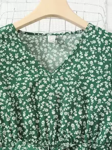 SHEIN Leap Crew 青少年女孩小碎花荷葉邊繫腰帶洋裝