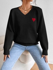 SHEIN Frenchy Jersey con bordado de corazón de manga raglán - Negro - Ver 3
