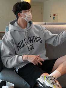 DAZY 男士字母圖案袋鼠口袋落肩袖抽繩連帽衫不帶T恤 - 灰色 - 查看 3