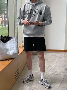 DAZY 男士字母圖案袋鼠口袋落肩袖抽繩連帽衫不帶T恤 - 灰色 - 查看 4
