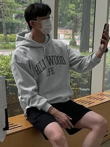 DAZY 男士字母圖案袋鼠口袋落肩袖抽繩連帽衫不帶T恤 - 灰色 - 查看 5