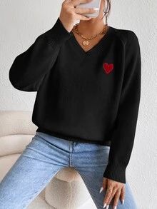 SHEIN Frenchy Jersey con bordado de corazón de manga raglán - Negro - Ver 5