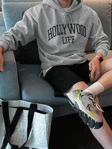 DAZY 男士字母圖案袋鼠口袋落肩袖抽繩連帽衫不帶T恤 - 灰色 - 查看 6