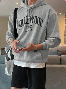 DAZY 男士字母圖案袋鼠口袋落肩袖抽繩連帽衫不帶T恤 - 灰色 - 查看 7