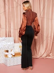SHEIN BAE Mock Neck Lantern Sleeve Sequin Top - Rust Brown - View 2