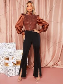 SHEIN BAE Mock Neck Lantern Sleeve Sequin Top - Rust Brown - View 3