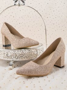 Minimalist Point Toe Chunky Heeled Glitter Court Pumps - Champagne - View 2