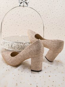 Minimalist Point Toe Chunky Heeled Glitter Court Pumps - Champagne - View 3