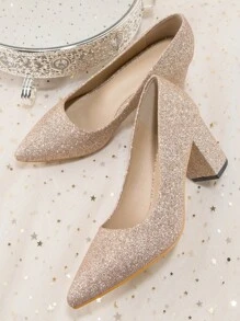 Minimalist Point Toe Chunky Heeled Glitter Court Pumps - Champagne - View 5