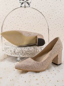 Minimalist Point Toe Chunky Heeled Glitter Court Pumps - Champagne - View 6