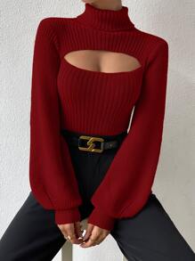 Chiquease Turtleneck Cut Out Bishop Sleeve Sweater,Long Sleeve Tops Knit Pullover Fall Winter Sweater - Burgundy - View 1